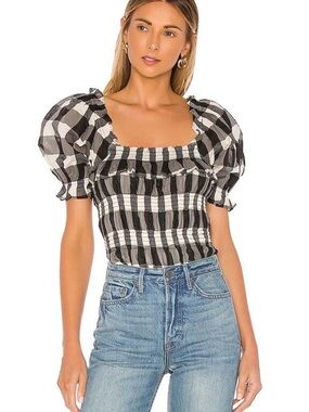 Tularosa Puff-Sleeve Check Bodysuit - Black & White/ Cream. XS NWT